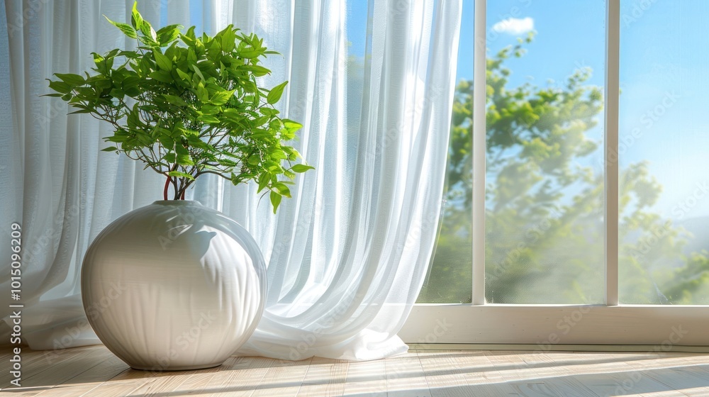 A white vase with a leafy plant sits on a wooden floor near a window with sheer curtains, looking out to a bright, sunny, outdoor scene. A white vase with a leafy plant sits on a wooden floor near a window with sheer curtains, looking out to a bright, sunny, outdoor scene.