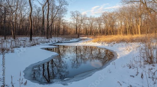 Winding Frozen Stream in Snowy Forest Landscape