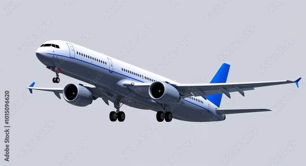 Obraz premium Modern commercial airplane landing with wheels down on a plain white background.