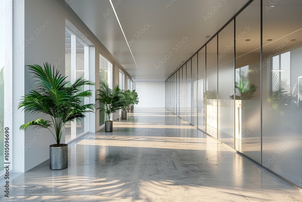 Modern Office Interior, Long Corridor with Glass Walls and Plants, White Walls, Windows, Photorealistic Style Modern Office Interior, Long Corridor with Glass Walls and Plants, White Walls, Windows, Photorealistic Style