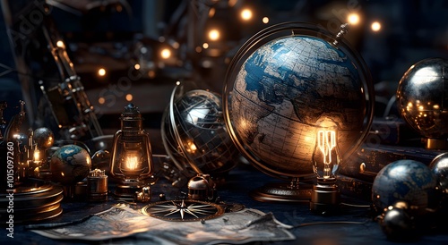 Wallpaper Mural A collection of vintage-style globe models arranged on an antique table with various old-fashioned gadgets such as compasses and light bulbs. Focus on the Earth's surface in bright colors Torontodigital.ca