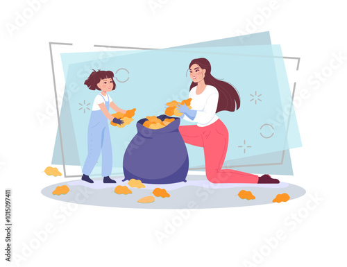 Happy mother and daughter collecting of leaves in yard or park. Woman and girl putting autumn leaves in sack flat vector illustration. Autumn or fall, nature, ecology concept for banner or web design
