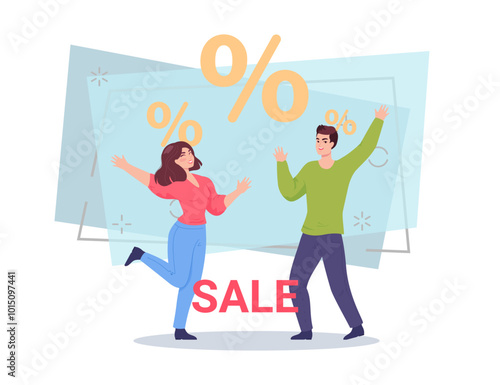 Man and woman glad to have special offer while shopping. Happy people pleased with discounts vector illustration. Percentage marks on background. Sale, shopping concept for banner design