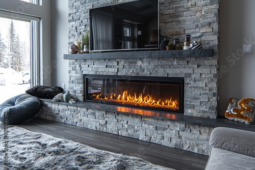 Modern electric fireplace masterpiece with LED TV above, featuring a stunning stone wall and cozy atmosphere created by glowing gas fire flames. photo