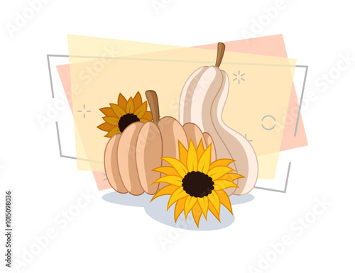 Pumpkins and sunflowers vector illustration on abstract background. Cartoon drawing for banner design. Autumn or fall, harvest, vegetables, Thanksgiving concept