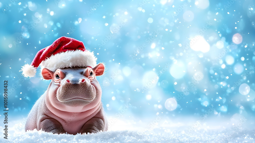 a pigmy Hippopotamoose Christmas: A heartwarming image of a baby hippopotamus wearing a Santa hat in a snowy winter wonderland. A perfect blend of adorable and festive for your holiday projects. a pigmy Hippopotamoose Christmas: A heartwarming image of a baby hippopotamus wearing a Santa hat in a snowy winter wonderland. A perfect blend of adorable and festive for your holiday projects.