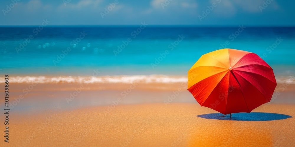 A vibrant umbrella stands alone on a pristine beach, casting a vivid contrast against the azure sea and golden sand. A vibrant umbrella stands alone on a pristine beach, casting a vivid contrast against the azure sea and golden sand.