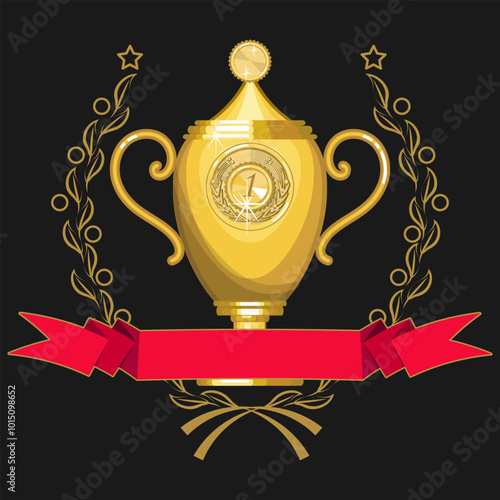 Golden winner's cup with a finial and a red ribbon framed by a wreath of stylized plant elements. Black background. Vector illustration
