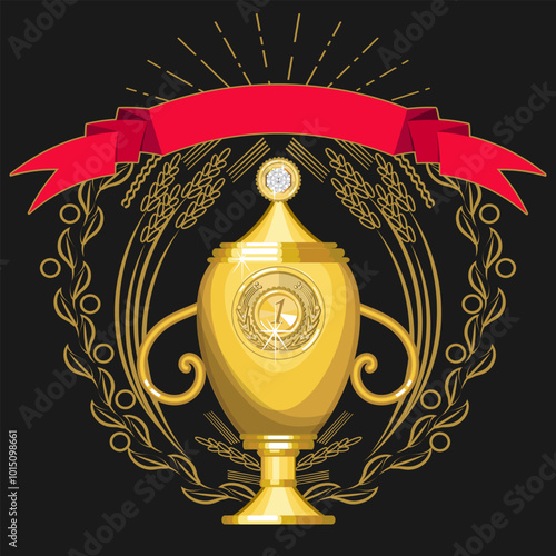 Golden winner's cup with a top, red ribbon and rays framed by a wreath of stylized plant elements. Black background. Vector illustration