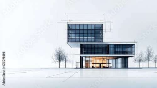 Blueprint of a minimalist skyscraper with smooth surfaces and geometric forms, Modern architecture, monochrome, crisp details