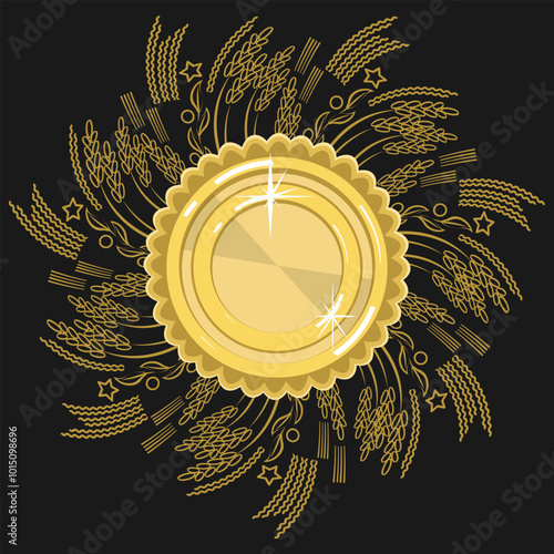 Large gold medal framed by a wreath of stylized plant elements. Vector illustration