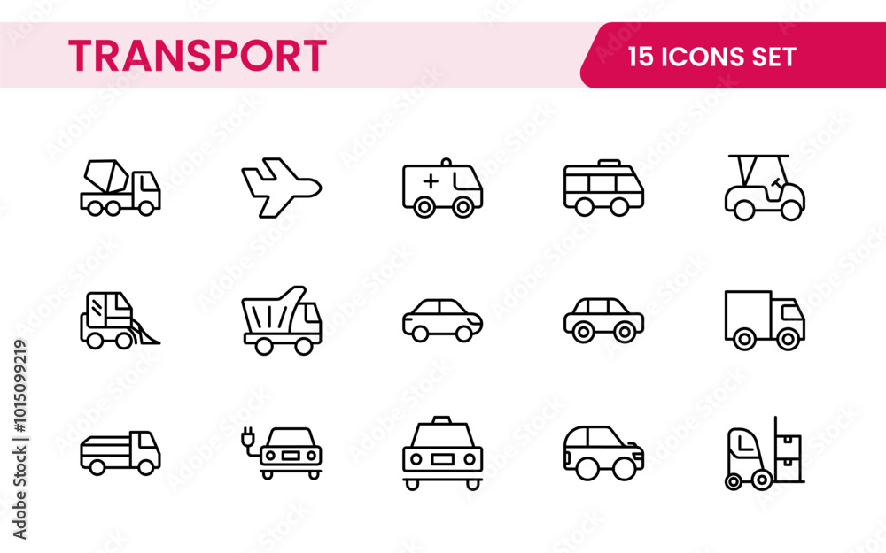 Naklejka premium Transport icon set. Containing distribution, shipping, transportation, delivery, cargo, freight, route planning, supply chain, export and import icons. Solid icon collection.