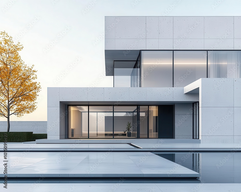 Modern house blueprint with simple geometric shapes, smooth concrete walls, and large windows, Minimalist design, neutral tones, detailed precision Modern house blueprint with simple geometric shapes, smooth concrete walls, and large windows, Minimalist design, neutral tones, detailed precision