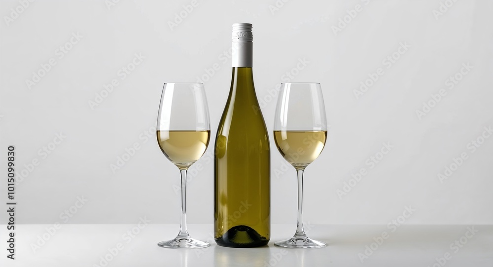 White wine bottle and glasses set on a plain white background. White wine bottle and glasses set on a plain white background.