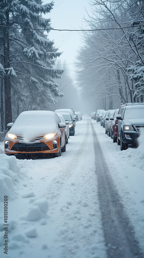 Cars buried under heavy snow on a wintery street Cars buried under heavy snow on a wintery street