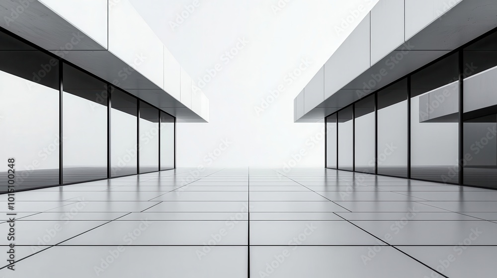 Fototapeta premium Minimalist office building blueprint with smooth concrete walls, large glass panels, and simple layout, Modernist, monochrome palette, crisp angles
