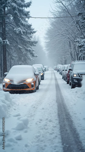 Cars buried under heavy snow on a wintery street photo