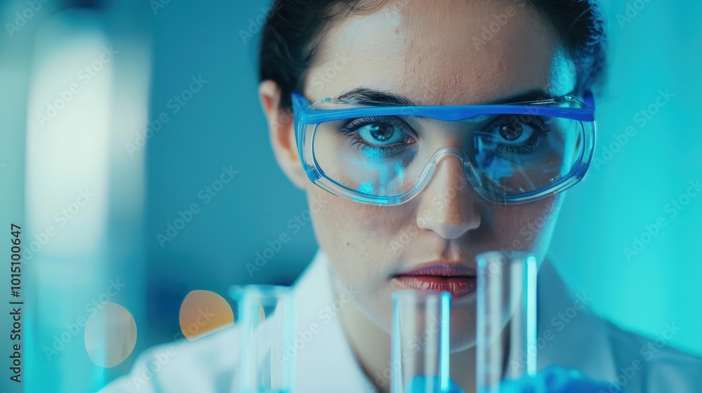 Close-up of a focused scientist wearing protective glasses, closely examining test tubes in a laboratory, symbolizing precision and research. Close-up of a focused scientist wearing protective glasses, closely examining test tubes in a laboratory, symbolizing precision and research.