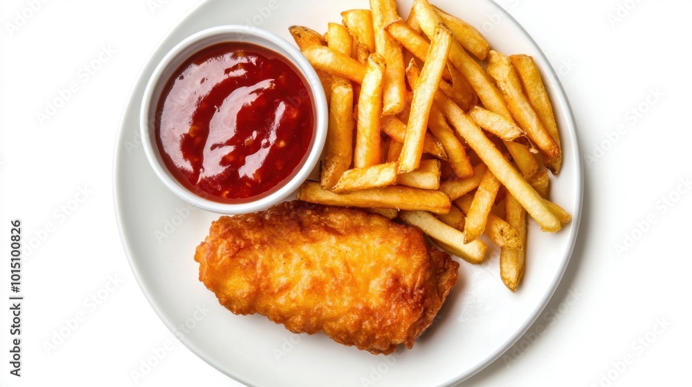 Delicious fish and chips with French fries and sauce, shot from above on a white background, highlighting the simplicity and appeal of this popular dish Delicious fish and chips with French fries and sauce, shot from above on a white background, highlighting the simplicity and appeal of this popular dish