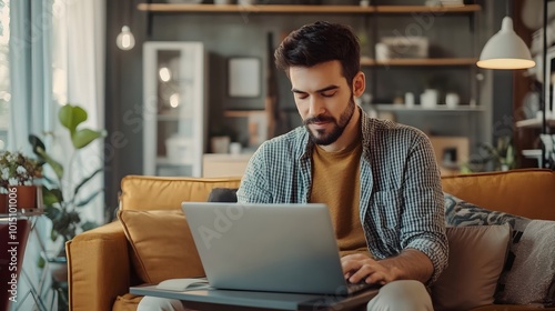 A Man Working on a Laptop in His Living Room