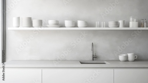 A modern kitchen with white cabinets  a white countertop  and a single stainless steel sink. A shelf with white dishes and mugs is above the countertop.