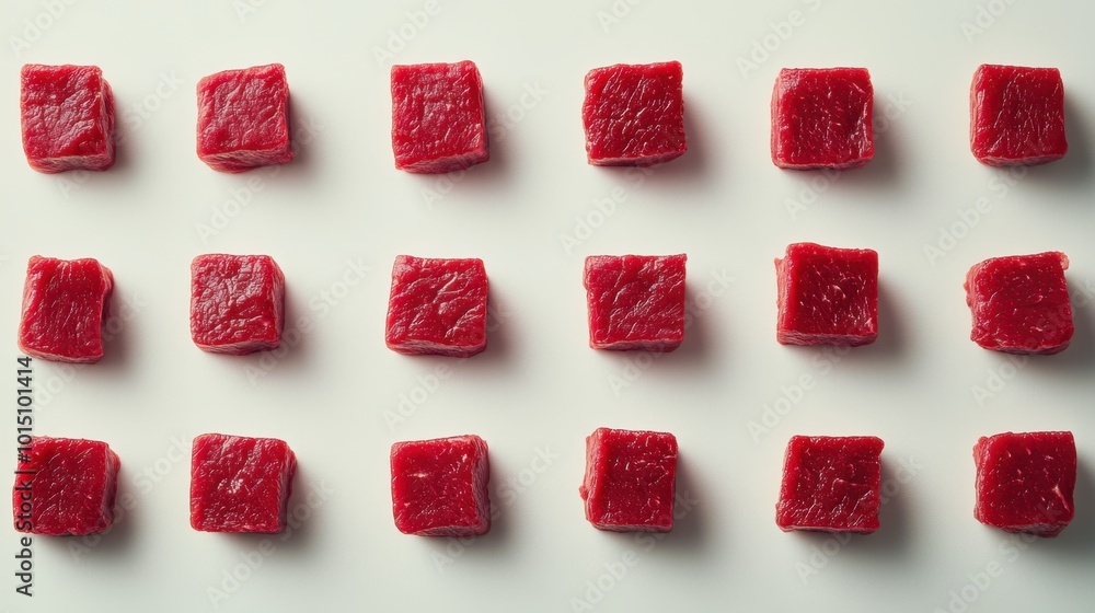 Diced raw beef neatly arranged on a clean white background, showcasing fresh cuts of meat for culinary preparation or recipe concepts