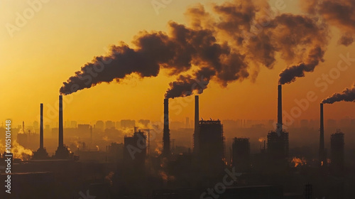 Industrial skyline at sunset with smoke rising from multiple chimneys along the riverbank