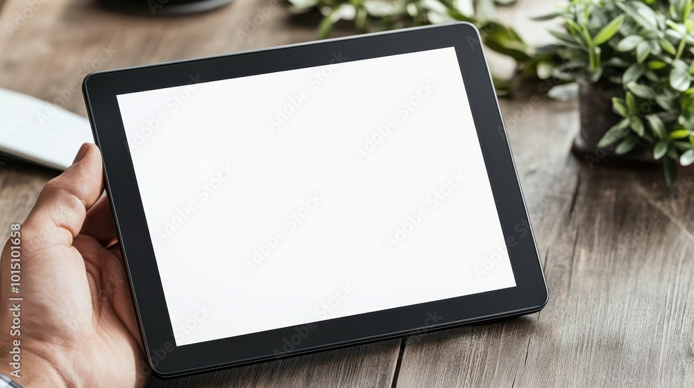 Digital tablet with an empty screen held by a hand over a desk, providing a minimalist view for showcasing digital tools and work environments Digital tablet with an empty screen held by a hand over a desk, providing a minimalist view for showcasing digital tools and work environments