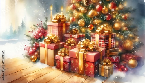 Christmas gifts wrapped in red and gold paper, stacked under a beautifully decorated tree watercolor style,generative ai

