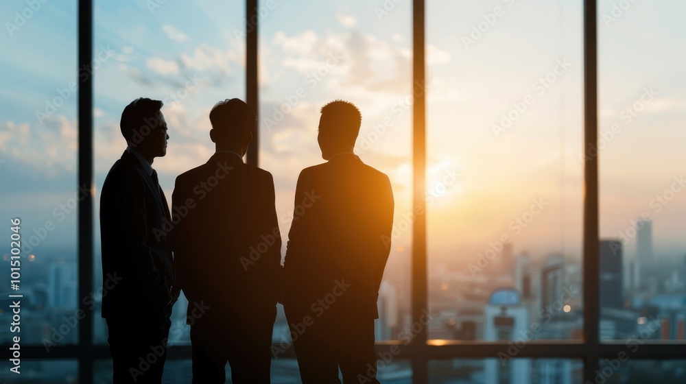 Three Businessmen Silhouetted Against a Sunset Cityscape Three Businessmen Silhouetted Against a Sunset Cityscape