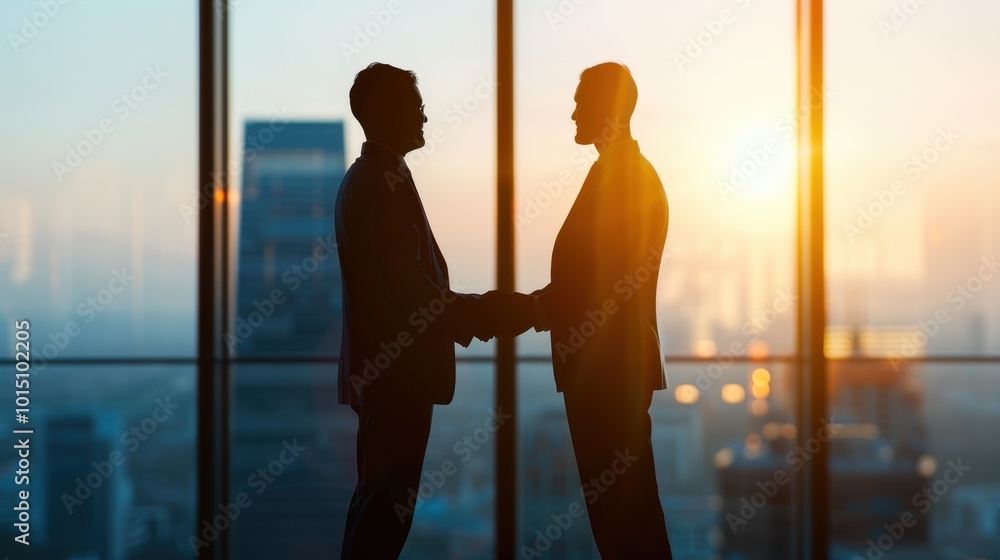 Silhouettes of Two Businessmen Shaking Hands Against a Cityscape at Sunset Silhouettes of Two Businessmen Shaking Hands Against a Cityscape at Sunset