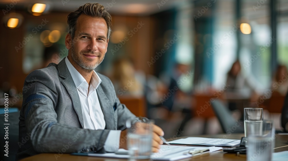 A Businessman in a Grey Suit Sitting at a Table, Writing on a Document A Businessman in a Grey Suit Sitting at a Table, Writing on a Document