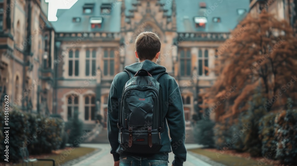A Man With a Backpack Walks Away From an Old Building