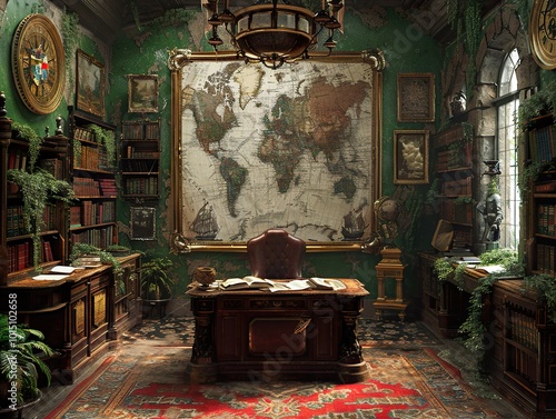 Vintage Library Interior With World Map and Antique Desk