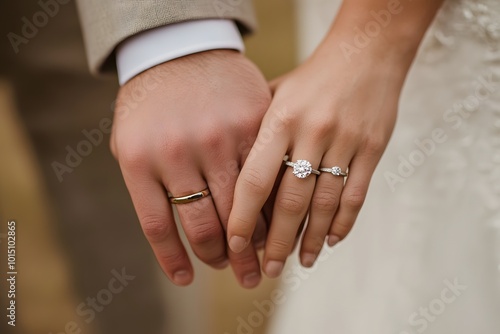 A romantic close-up of a couple holding hands, showcasing wedding rings that symbolize love and commitment.