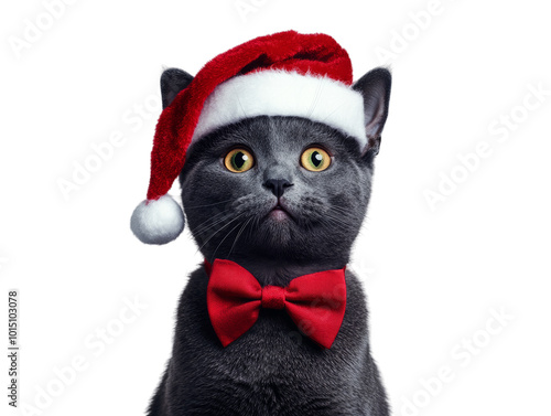 Adorable British Shorthair cat wearing a Santa hat and a red bow tie, isolated on a transparent background, festive holiday pet portrait, Christmas greeting cards and seasonal marketing campaigns photo