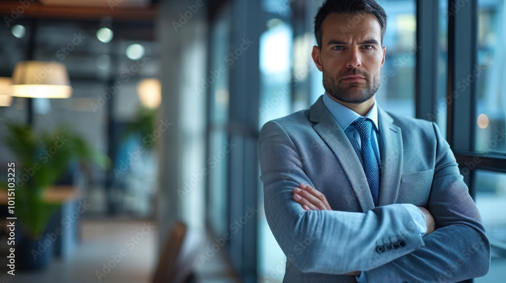 A Confident Businessman Standing with Arms Crossed in an Office A Confident Businessman Standing with Arms Crossed in an Office