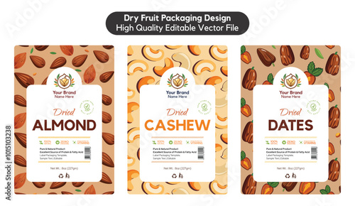 Dry fruits Label Packaging Design, Dry fruit Box Design, Cashew nuts, Almond label, Dates label design, Premium quality editable vector template file illustration.
