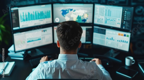 Man Working at a Desk with Multiple Monitors Displaying Data and Charts