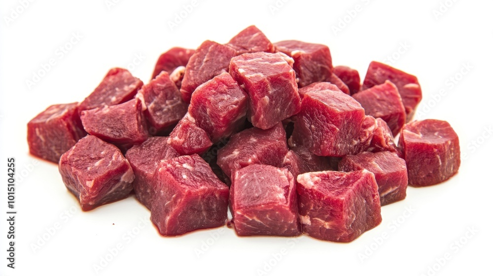 Freshly diced raw beef in small cubes, placed on a pure white background, capturing the raw texture and color ideal for food prep or butchery themes Freshly diced raw beef in small cubes, placed on a pure white background, capturing the raw texture and color ideal for food prep or butchery themes
