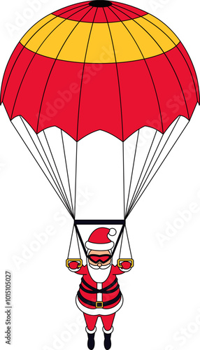 Santa Claus is flying on a parachute. Cartoon Santa in outline using red parachute.