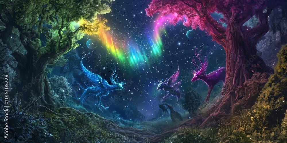 Fototapeta premium A magical forest scene depicting ethereal deer beneath a vibrant aurora, illuminated by colorful starlight.