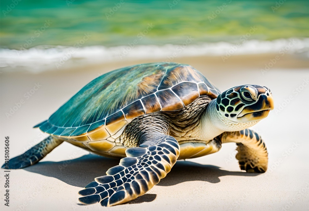 Obraz premium A beautiful green sea turtle isolated on a white background, perfect for wildlife and nature lovers.