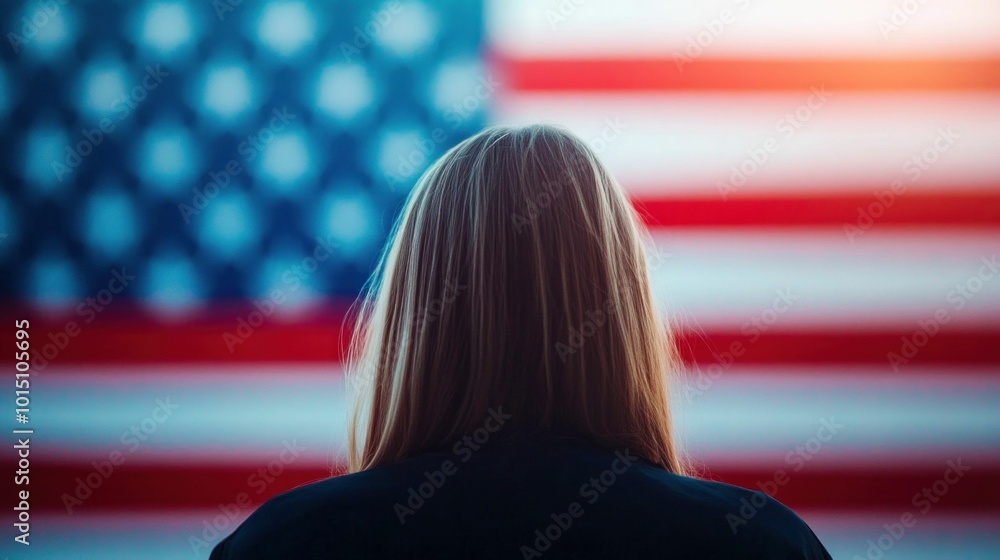 Close-Up Back View of Blonde Woman in Front of American Flag with Blurred Background Close-Up Back View of Blonde Woman in Front of American Flag with Blurred Background