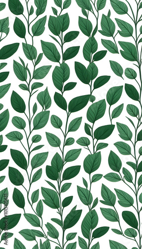 A seamless pattern featuring various green leaves on a light background. The design showcases a variety of leaf shapes and sizes, creating a lush and vibrant botanical theme.