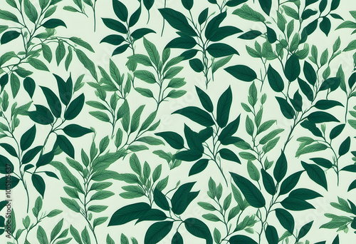 A seamless pattern featuring various green leaves on a light background. The design showcases a variety of leaf shapes and sizes, creating a lush and vibrant botanical theme.