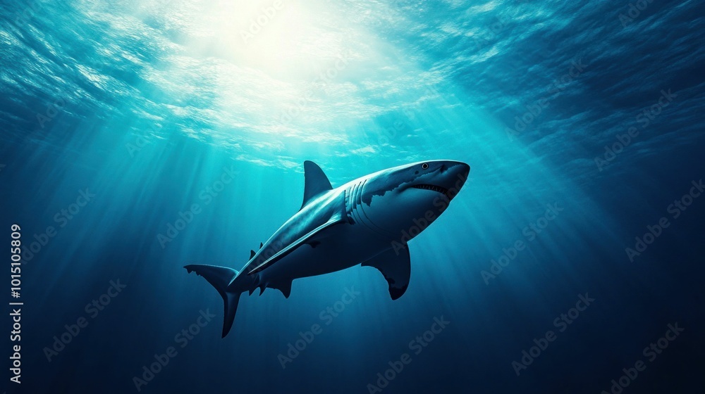 Fototapeta premium Shark Swimming in Deep Blue Ocean with Sunlight Shining Through the Surface