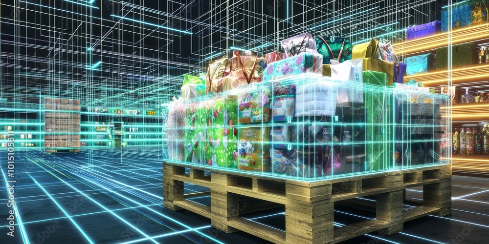 Futuristic digital visualization of a retail space with glowing product displays and packages stacked on a pallet. Futuristic digital visualization of a retail space with glowing product displays and packages stacked on a pallet.