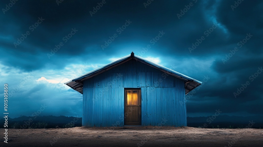 Small Blue Corrugated Iron House in Desert with Open Door and Light Shining Inside, Stormy Night Small Blue Corrugated Iron House in Desert with Open Door and Light Shining Inside, Stormy Night