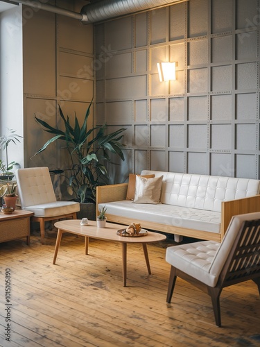 Stylish Scandinavian Lounge  Modern Living Room with Sleek Furniture  Organic Design Elements  Mint Sofa  Elegant Accessories  Ideal for Contemporary Home Decor and Lifestyle Visuals
